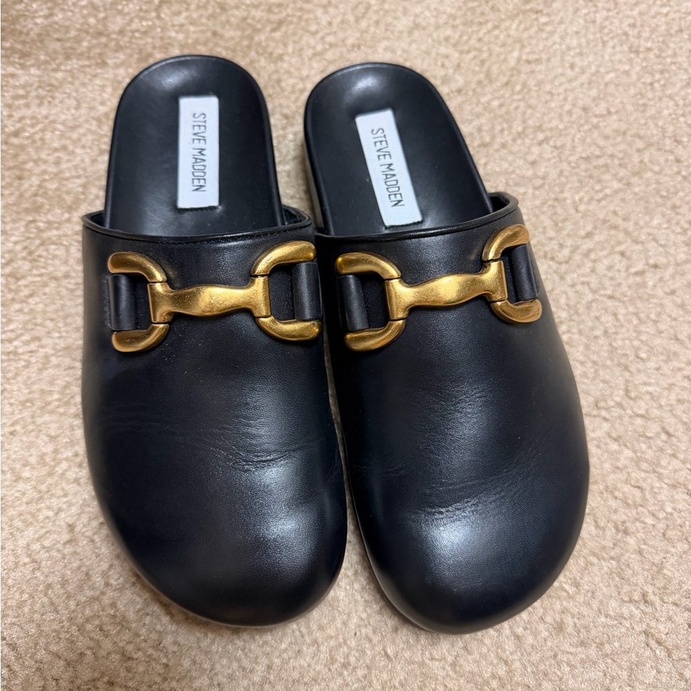 Steve Madden Women's Mules in Black with Gold Buckle